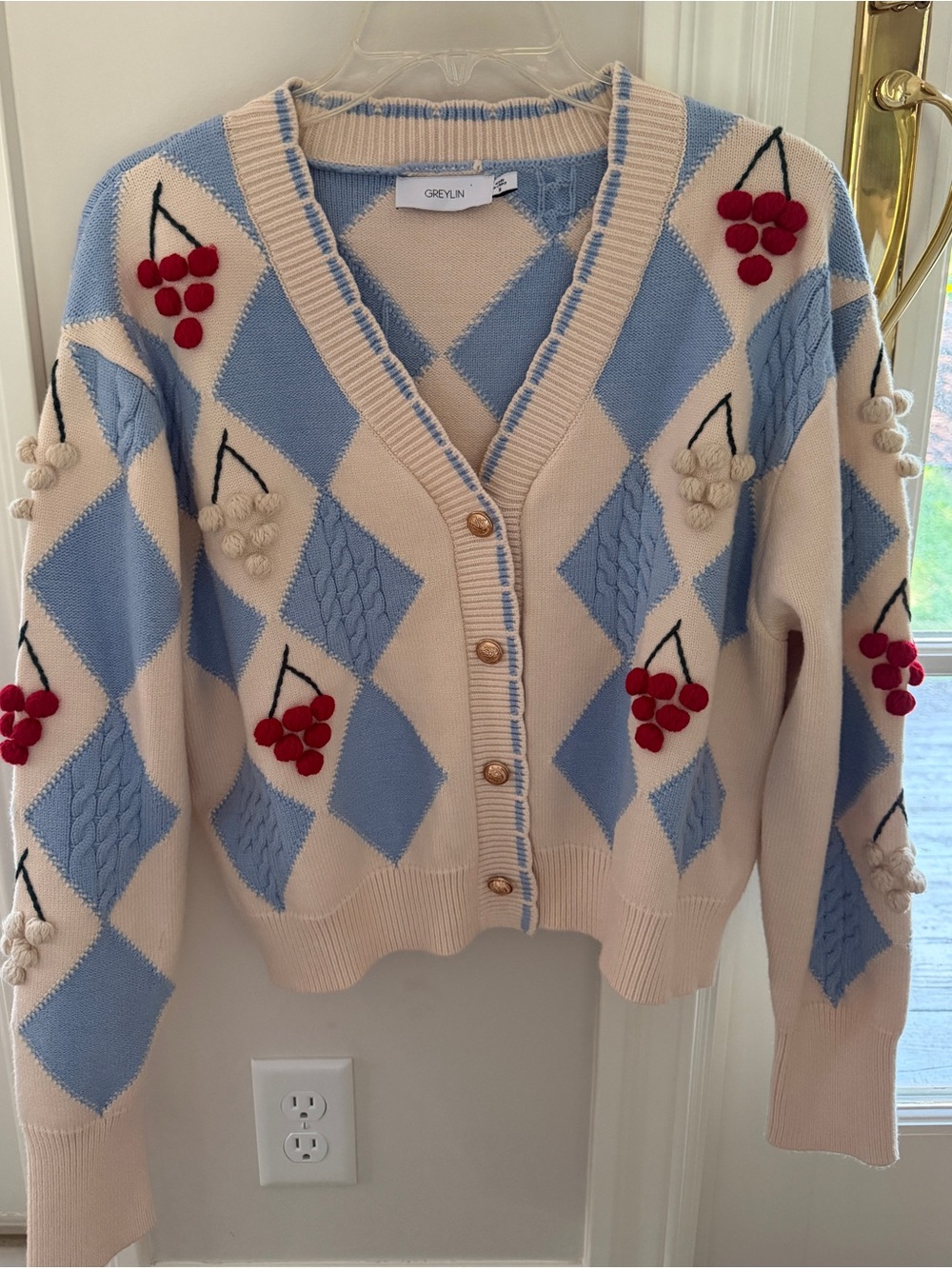 GREYLIN cardigan sweater with cherries and blue argyle pattern!  So cute- Size M